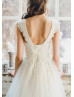 Cap Sleeve Ivory Lace Tulle Wedding Dress With Beaded Ribbon